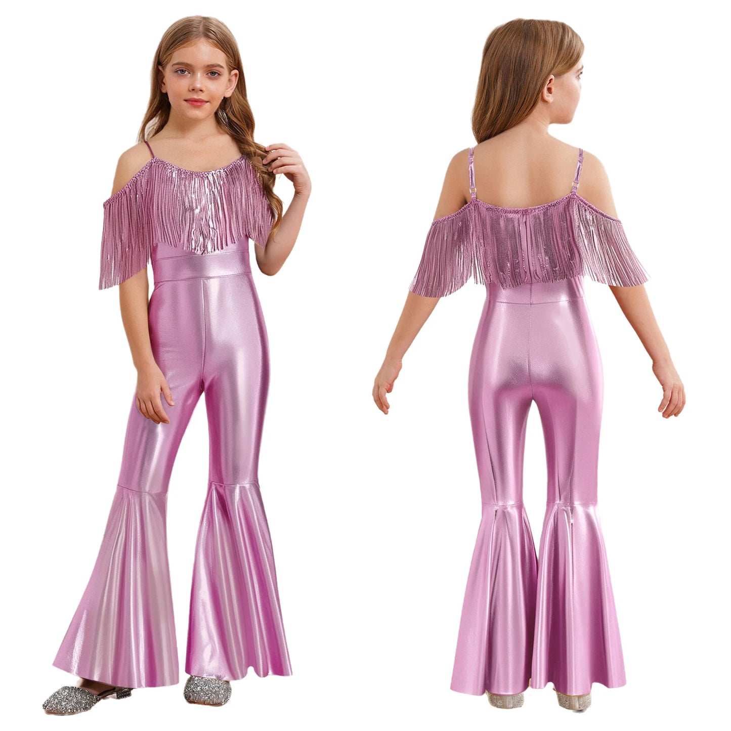 Halloween Kids Girls Hippie Costume Tassels Unitard Bell-bottom Long Pants Bodysuit Jumpsuit for Disco Dance 60s 70s Rave Party