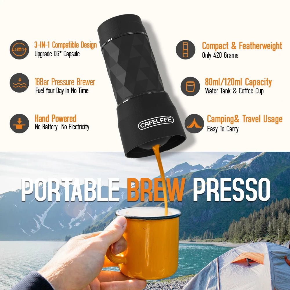 Cafelffe 3in1 Portable Coffee Machine Manual Espresso Maker For Capsule & Ground Milk Froth Hand Press Brewer hiking Travel Gif