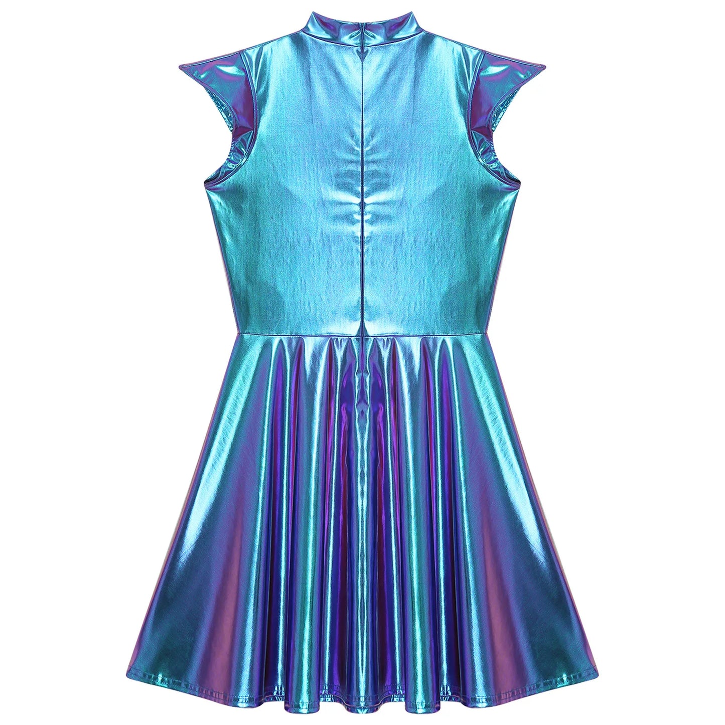 Womens Cocktail Dress Shiny Metallic Dress Alien Space Cap Sleeve High Waist A-line Dress for Halloween Party High Street Dress