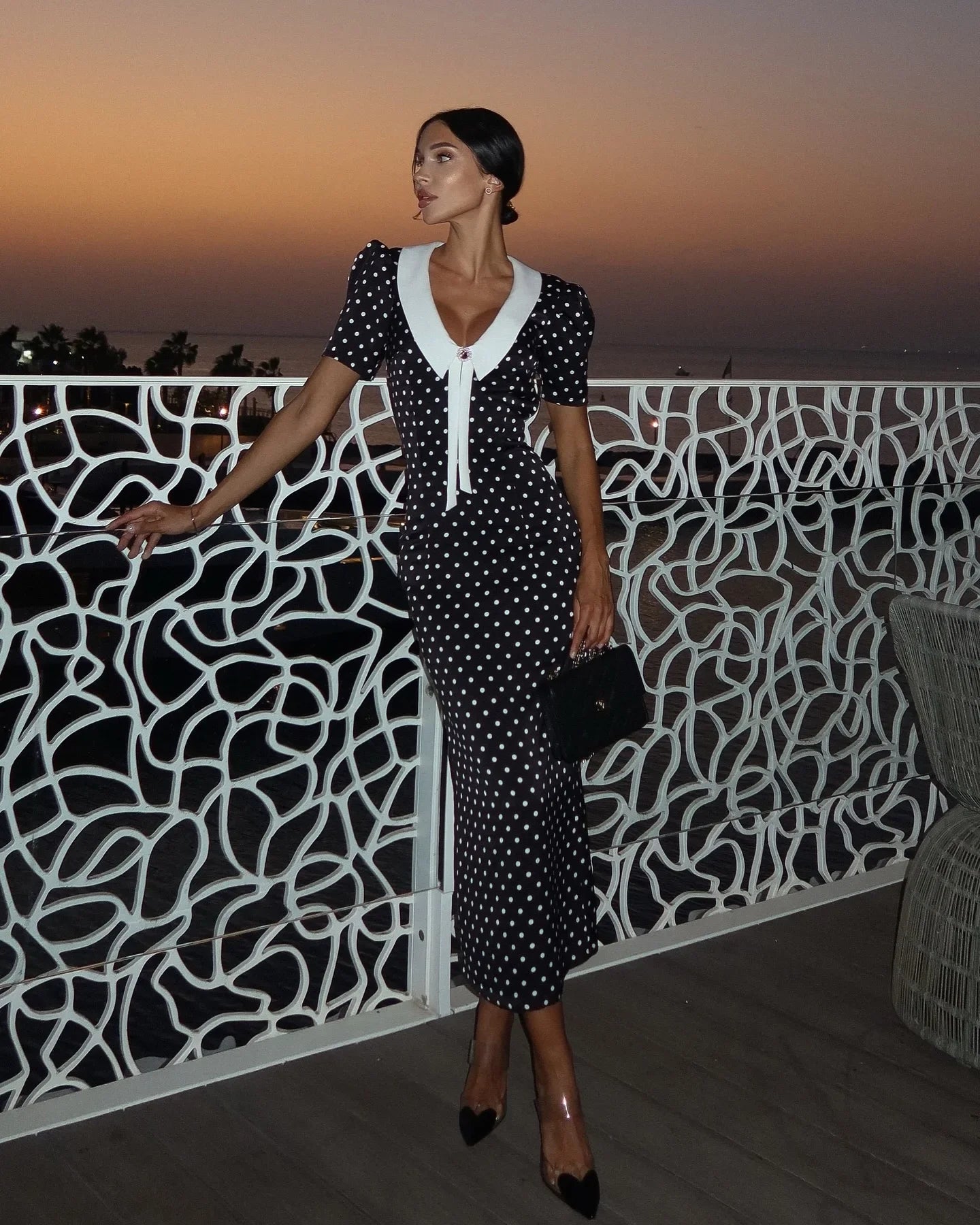 Polka Dot Printed Maxi Dress Women Fashion Chic Puff Sleeve Patchwork High Waist Slim Robes 2025 Elegant Party Long Dress Gowns