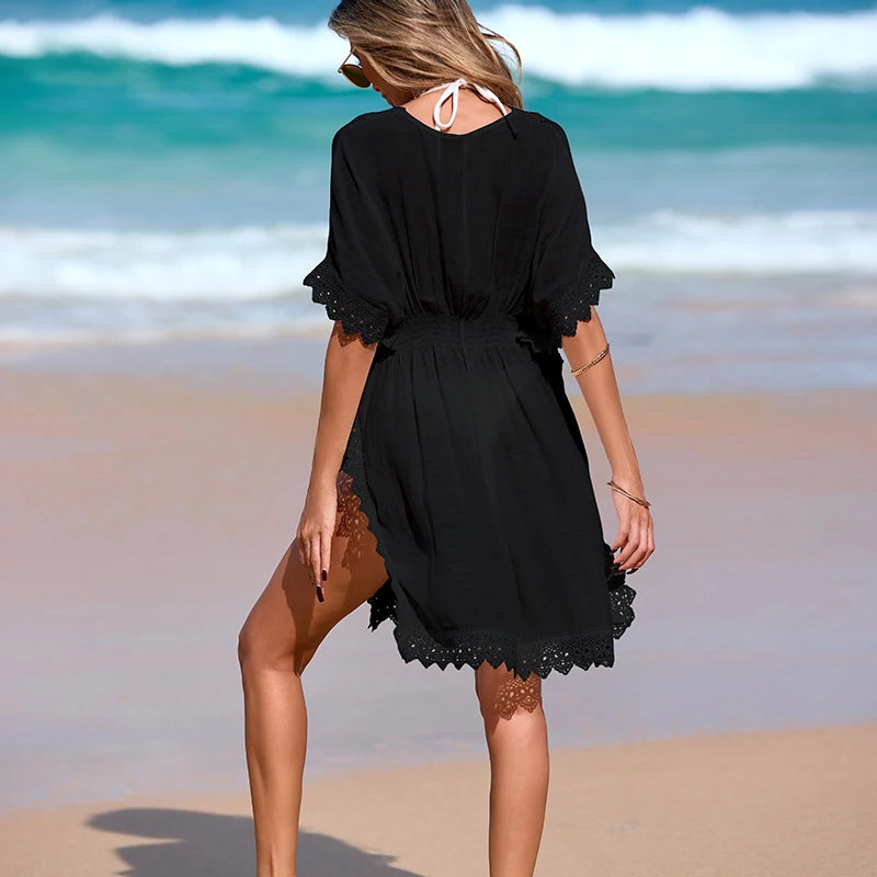 Pure Color Simple V-Neck Waist Cinching Dress, Beach Vacation Hollow Out Lace Trim Dress, Casual Fitted Style, Women's Fashion