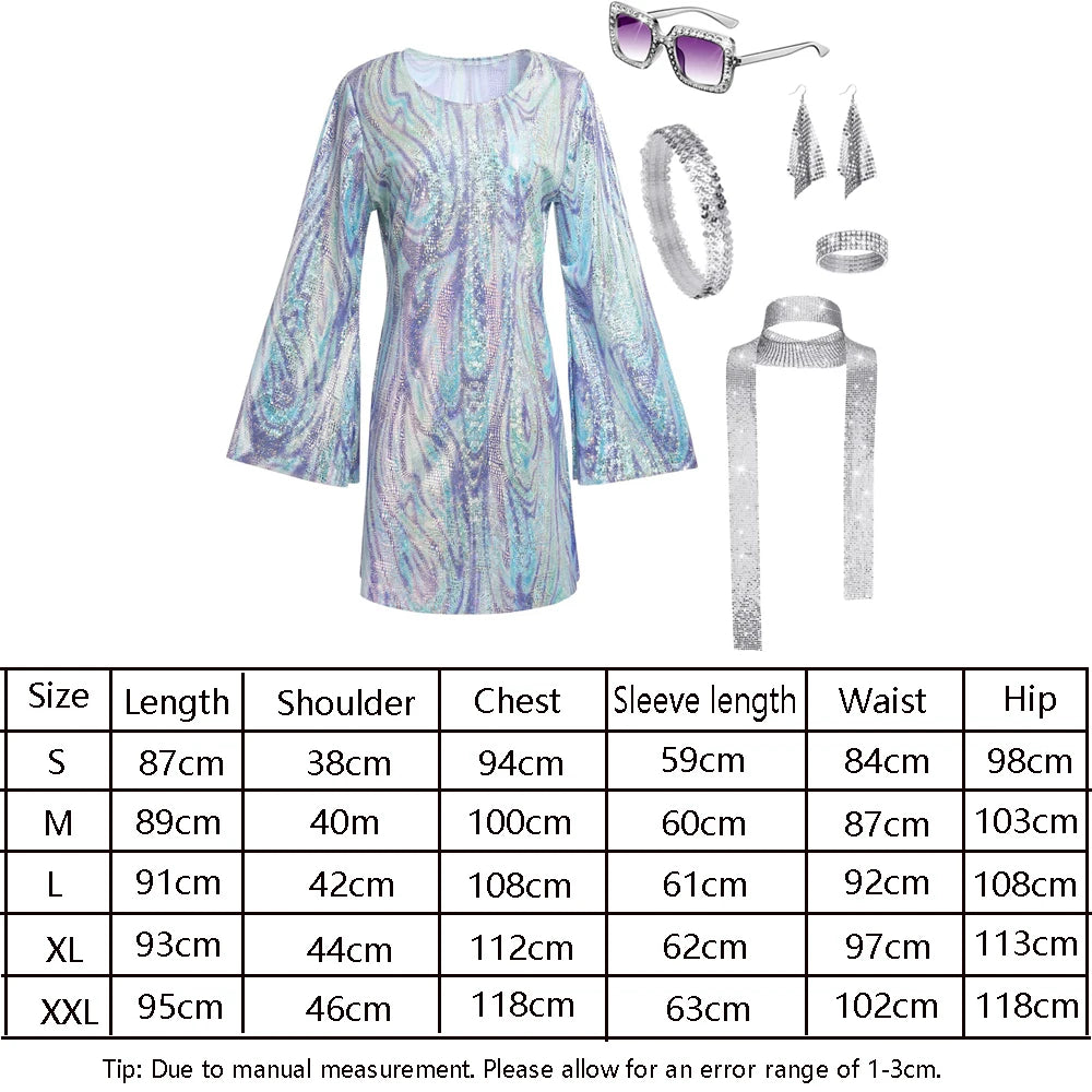 Halloween Vintage 70s 80s Rock Women Disco Dress Hippie Costumes 60's 70's Birthday Outfits 1970s Prom Sequin Dresses Cosplay