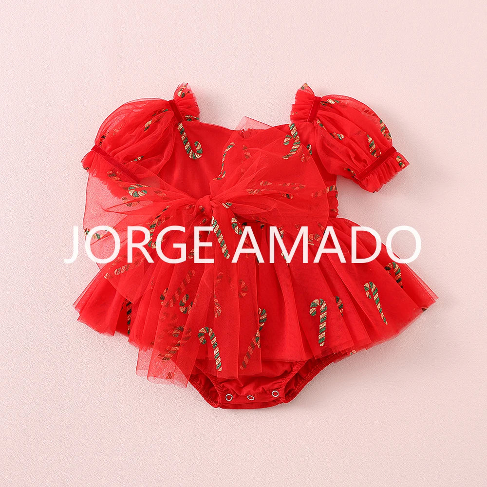 Christmas Summer Baby Girl Sister Matching Outfit Puff Sleeve Big Bow Festive Party Princess Bodysuit Halloween Dresses H2688