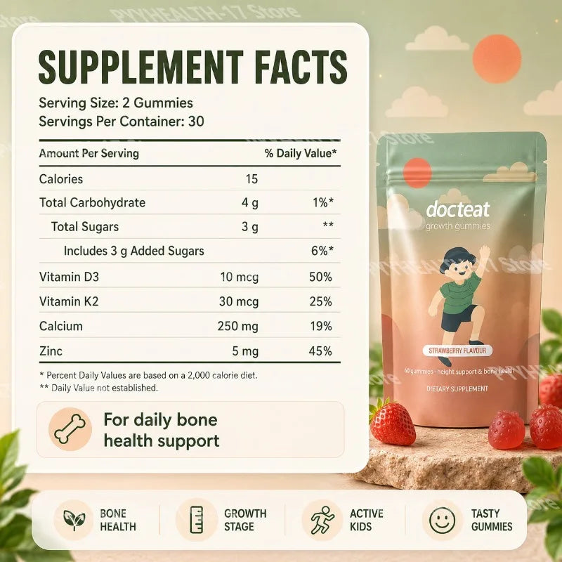 Docteat Growth Gummies Strawberry Flavor for Kids Height Support and Bone Health with Calcium Plus Vitamins D & K 60 Gummies