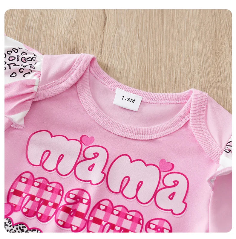 Mother's Day Themed Baby Short-Sleeved 3-Piece Set for Girls (0-18 Months), Pink Hearts and Bow Design