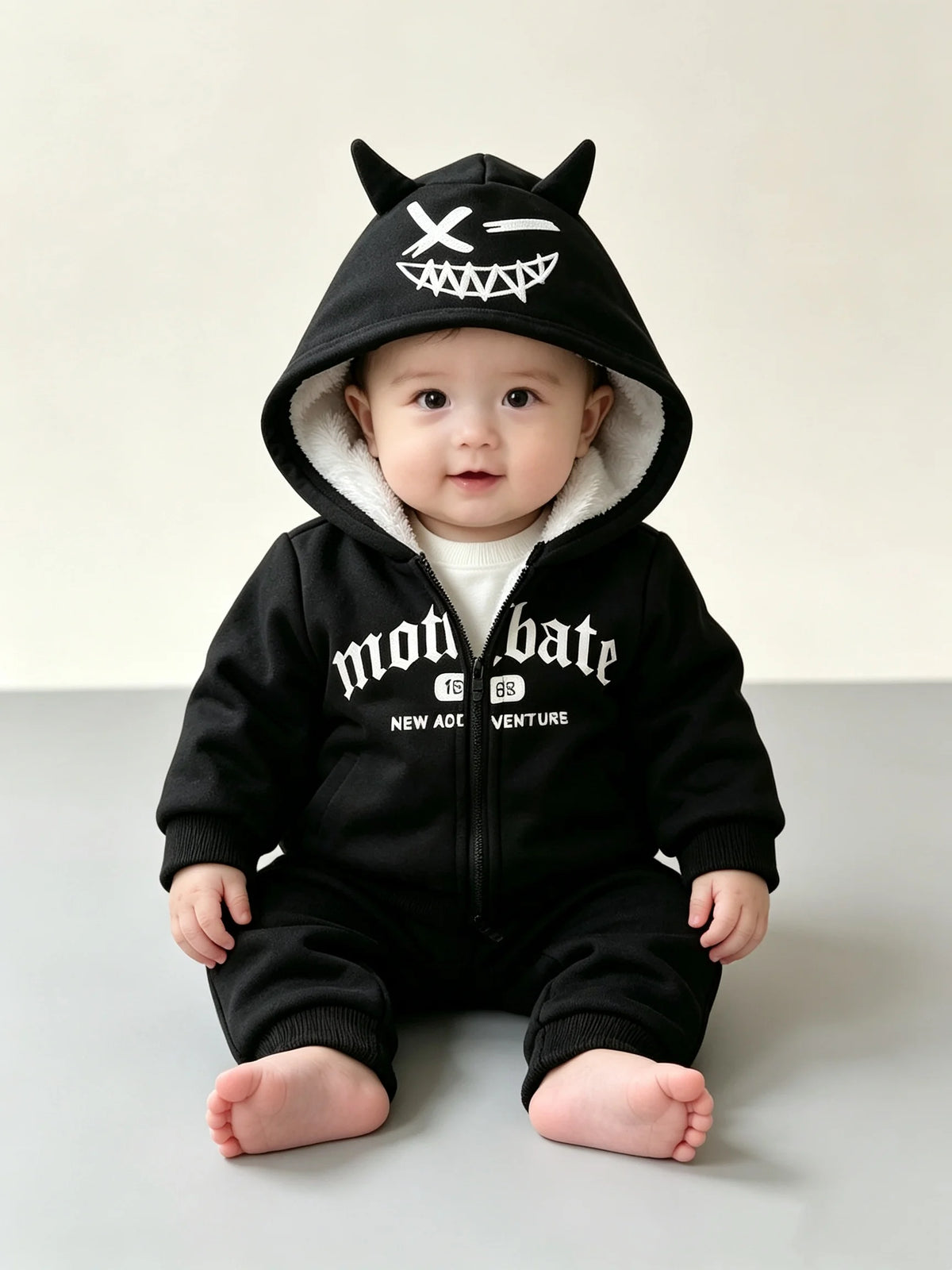 Baby Boy Autumn Winter Black Devil Horn Fleece Lined Hooded Zipper Jacket for Infants