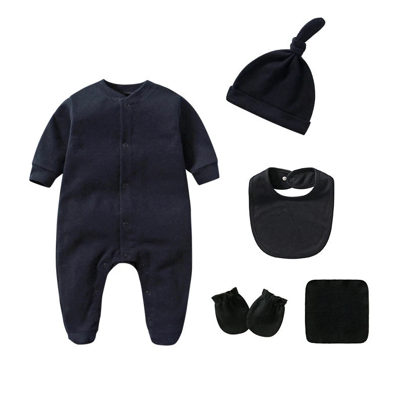 Unisex 5Pcs Newborn Baby Long Sleeve Cute Cotton Romper Jumper + Hats + Mittens+ Bib+Towel Infant Clothes Set