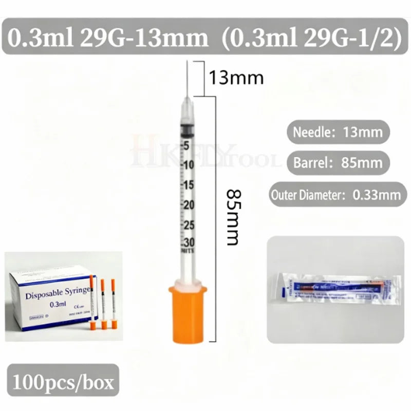 100Pcs 0.3ml/0.5ml/1ml Sterile Individually Syringe 29Gx13mm 31G 8mm 6mm needles for Pet Veterinary Lab Industrial Dispensing