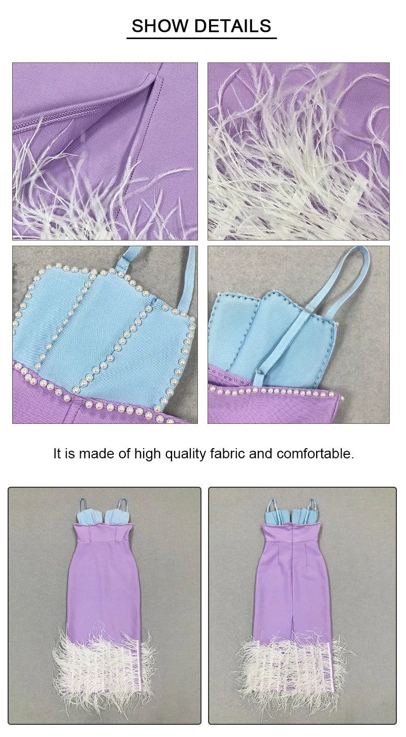 VC Ladies Feather Bead Spaghetti Straps Pearls Backless Fashion Bandage Midi Elegant Party Cocktail Dress Vestidos