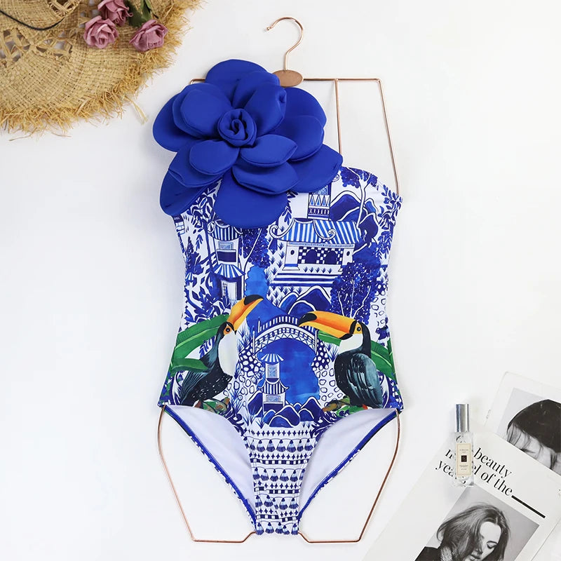 2024 Sexy Sling Ruffle Solid Two Pieces Bikini Women High Waist 3D Flower Swimsuit Skirt Summer Backless Beachwear Bathing Suit