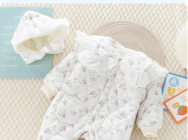 2024 Fall & Winter Baby Clothes 0-2 Y Sweet Toddler Girls Floral Fur Lining Rompers Infant Newborn Warm Jumpsuit with Hat
