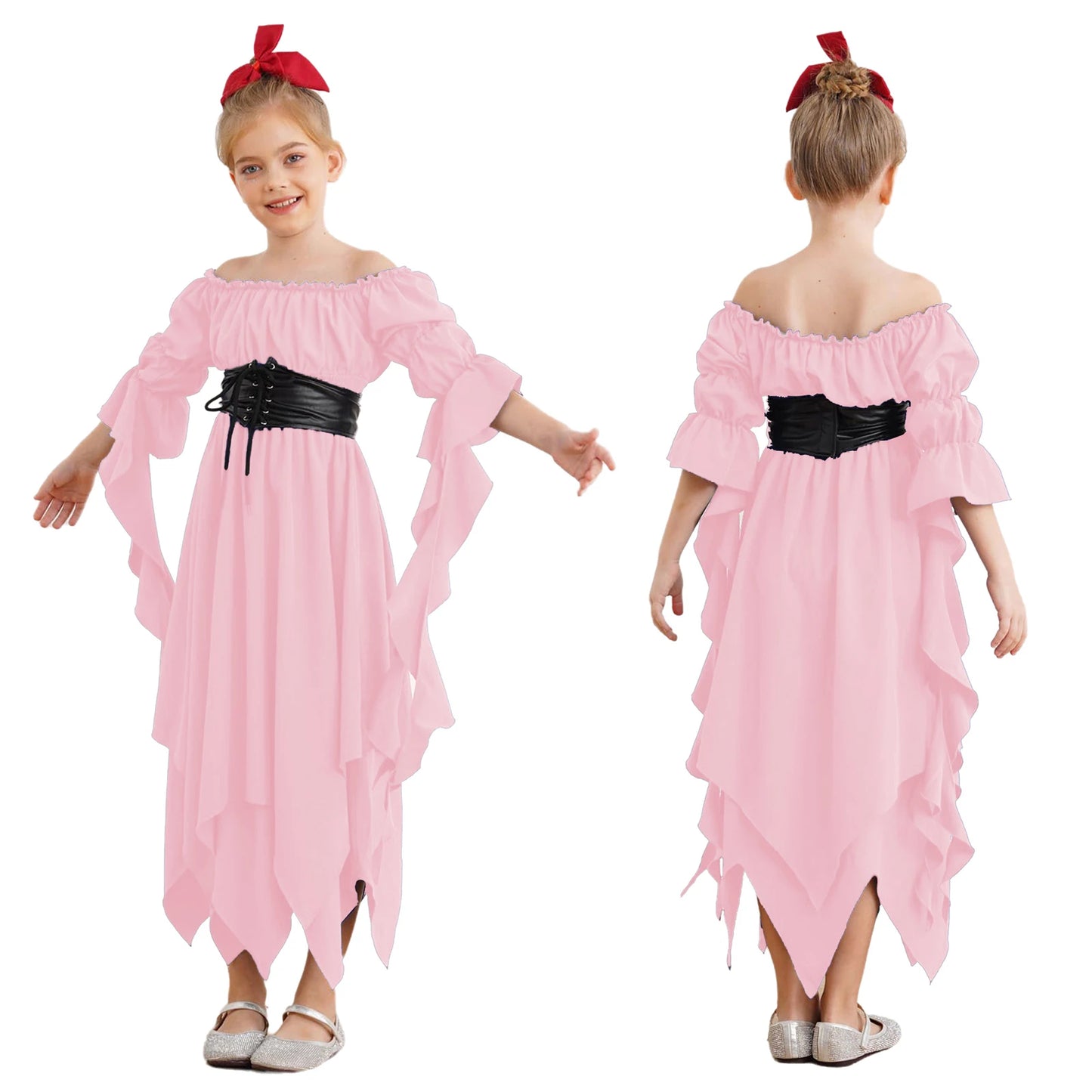 Girls Halloween Medieval Renaissance Witch Vampire Cosplay Costume Victorian Gothic Dress Off Shoulder Smocked Irregular Gown