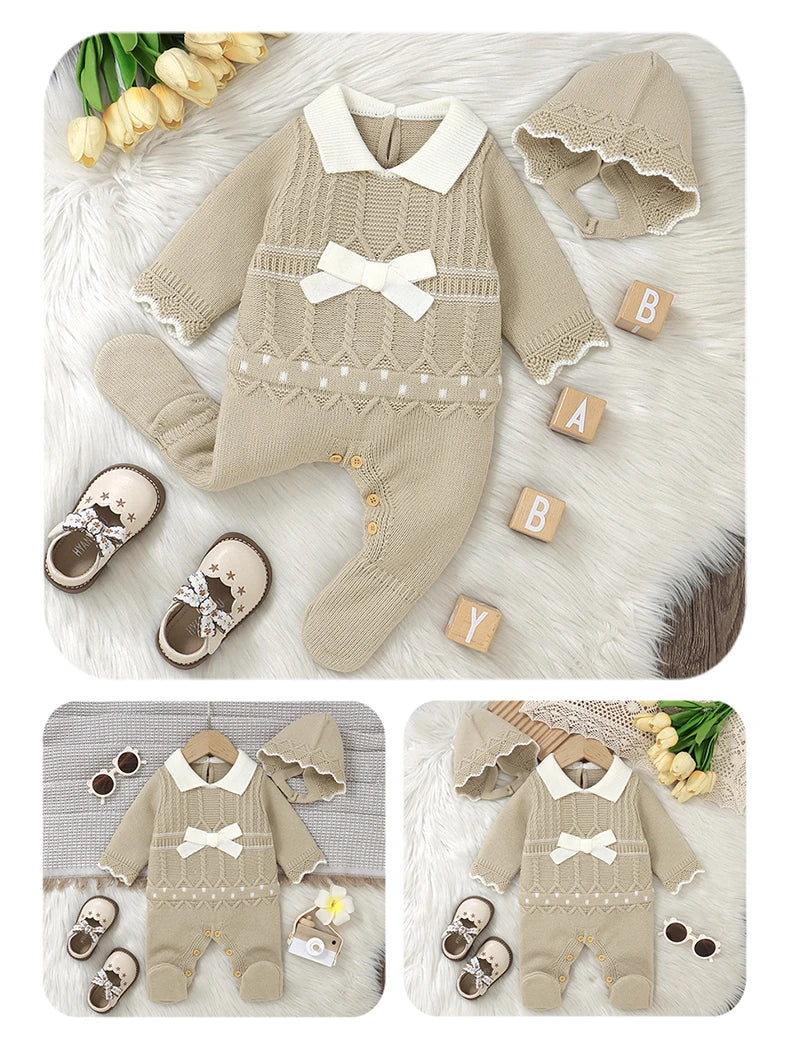 Soft Autumn Winter Baby Girls Rompers + Hat Outfits Multi-colors Available 0-9M Knitted Acrylic Newborn Baby Bodysuit Jumpsuit