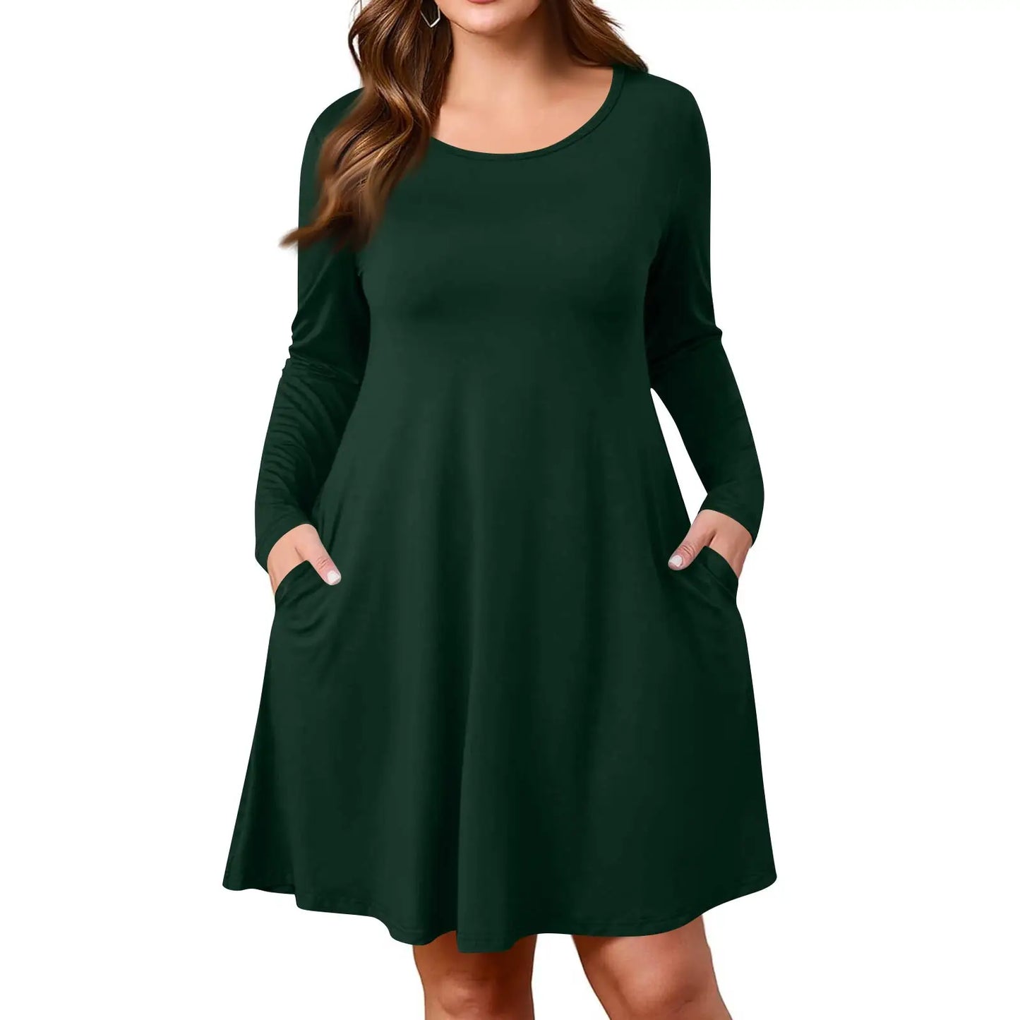 Plus Size Dress for Women Solid-Colour Casual Dress Spring/Autumn Pocket Round Neck Long-Sleeved Dresses vestidos femenino