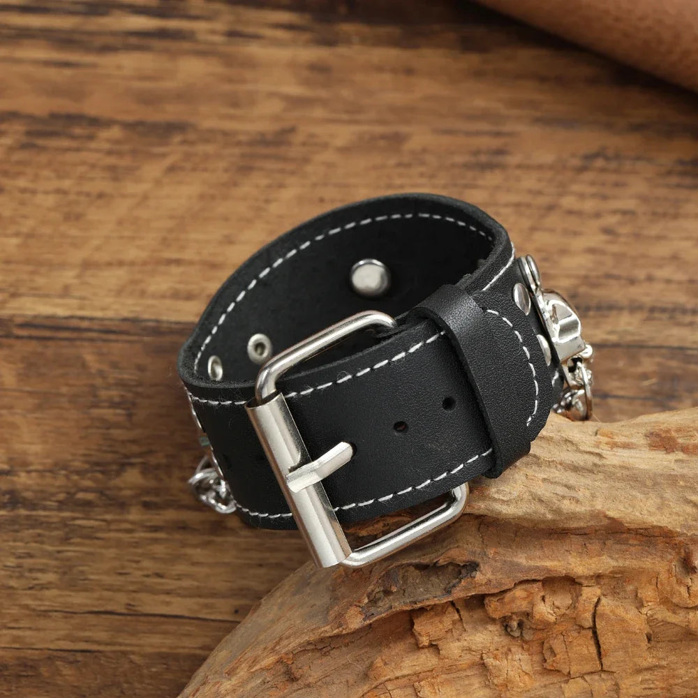 2025  Jewelry Handmade Weave Genuine Leather Skull Bracelet Men Vintage Cuff Wide Leather Rivet Bracelet Pulsera Hombre