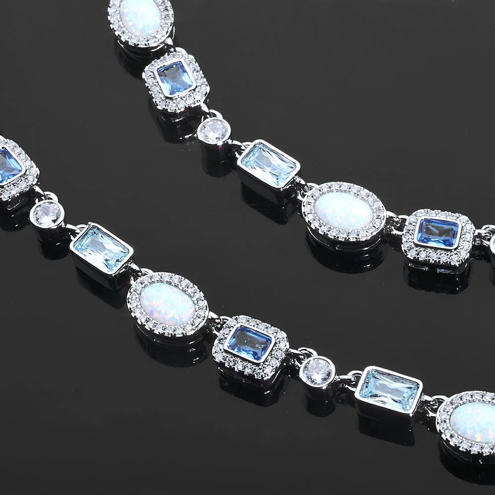ESKEEM 6mm Geometric Gemstone Motif Iced Out Blue Chain Multicolor CZ Stones White Gold Plated Diamond Necklace Hip Hop Jewelry