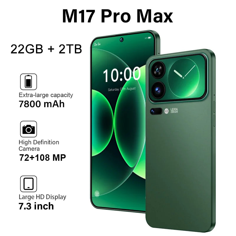 New M17 Pro Max Global Version High Quality 7.3" HD Standby 22GB 2TB Snapdragon 8 Gen4 Dual Card 7800mAh 108M Android