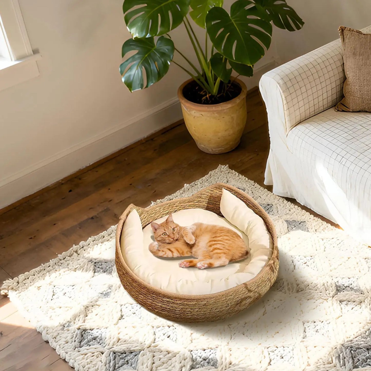 Cat Bed Hand-Woven Cotton Rope Cat Basket All Season Indoor Weaving Pet Resting Scratching Sleeping Furniture for All Breeds