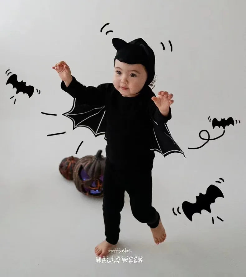 2025 Autumn New Baby Halloween Clothes Set Boy Girl Infant Long Sleeve Bat Tops + Pants + Hat 3pcs Suit Baby Halloween Costume