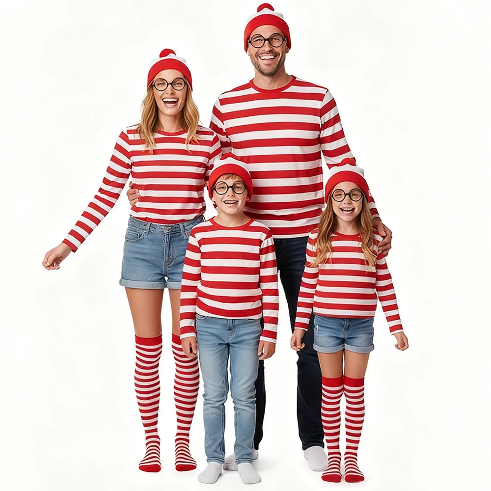Wheres Waldo Cosplay Costume Red Striped Shirt Role Play Clothes Hat Glasses Socks Halloween Christmas Family Dress Up Outfits
