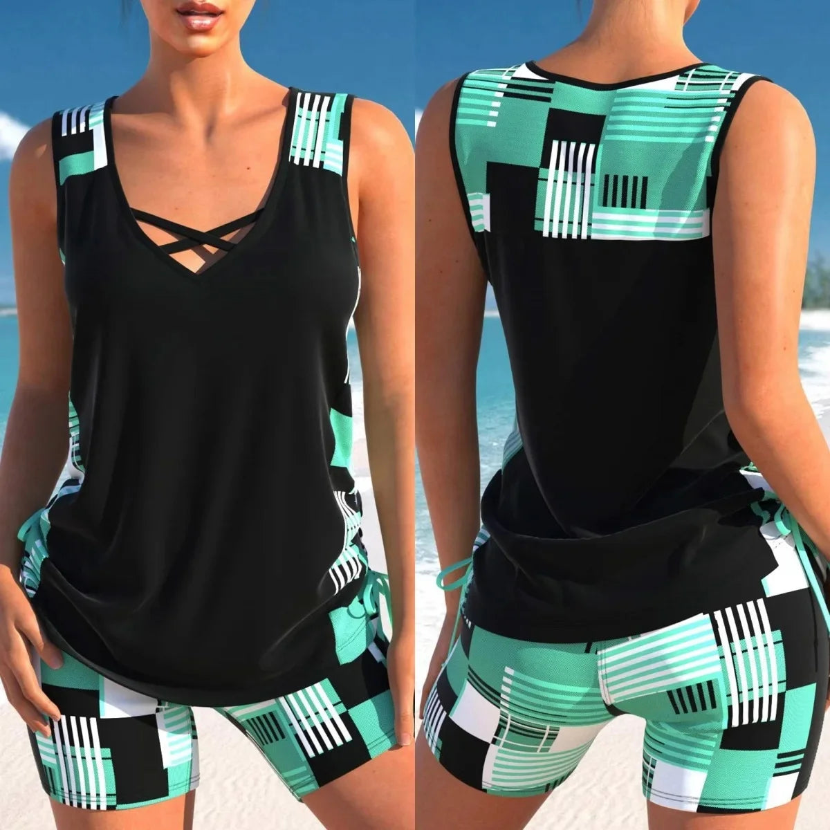 New Large Size Quick Dry Women's Shorts Strap Conservative Separate Bikini Swimsuit Flat Angle Vest Two Piece Swimwear Set