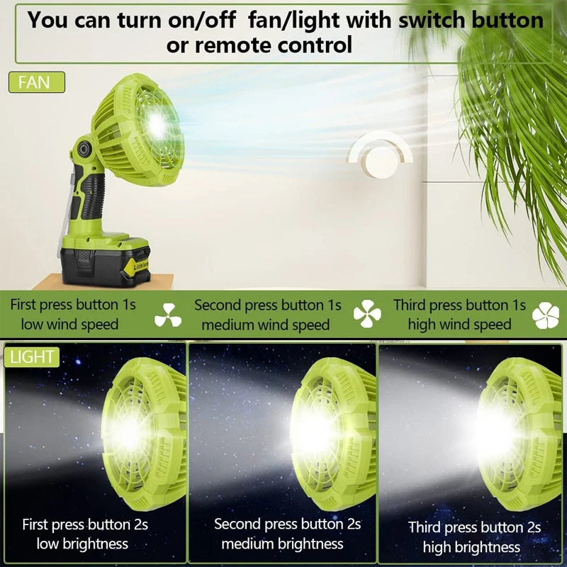 Multifunction Fan with LED Light for Ryobi 18V Battery Portable Outdoor Camping Fan with Remote Control for Travel Garage Office