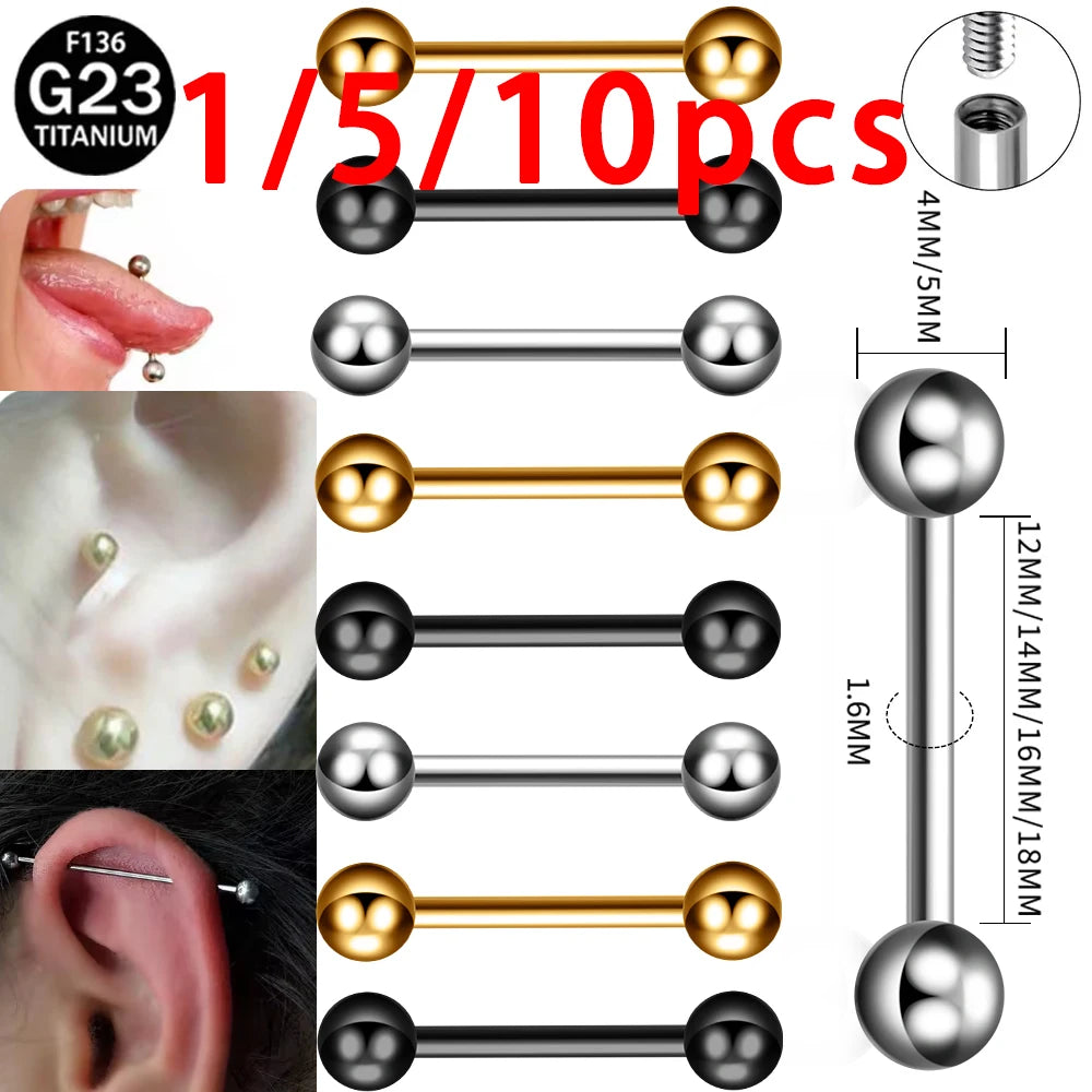 1/5/10pcs Titanium Tongue Ring Piercings External Threaded Industrial Barbell Tongue Bar Tragus Helix Ear Piercing Body Jewelry