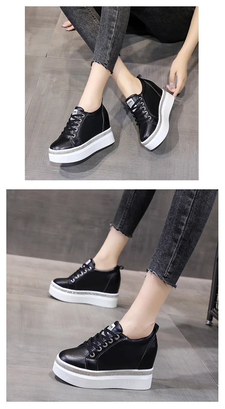 Comemore Internal High Vulcanised Shoes Women Spring Autumn Thick Bottom Casual Single Shoes Lace Up Black White Sneakers Women