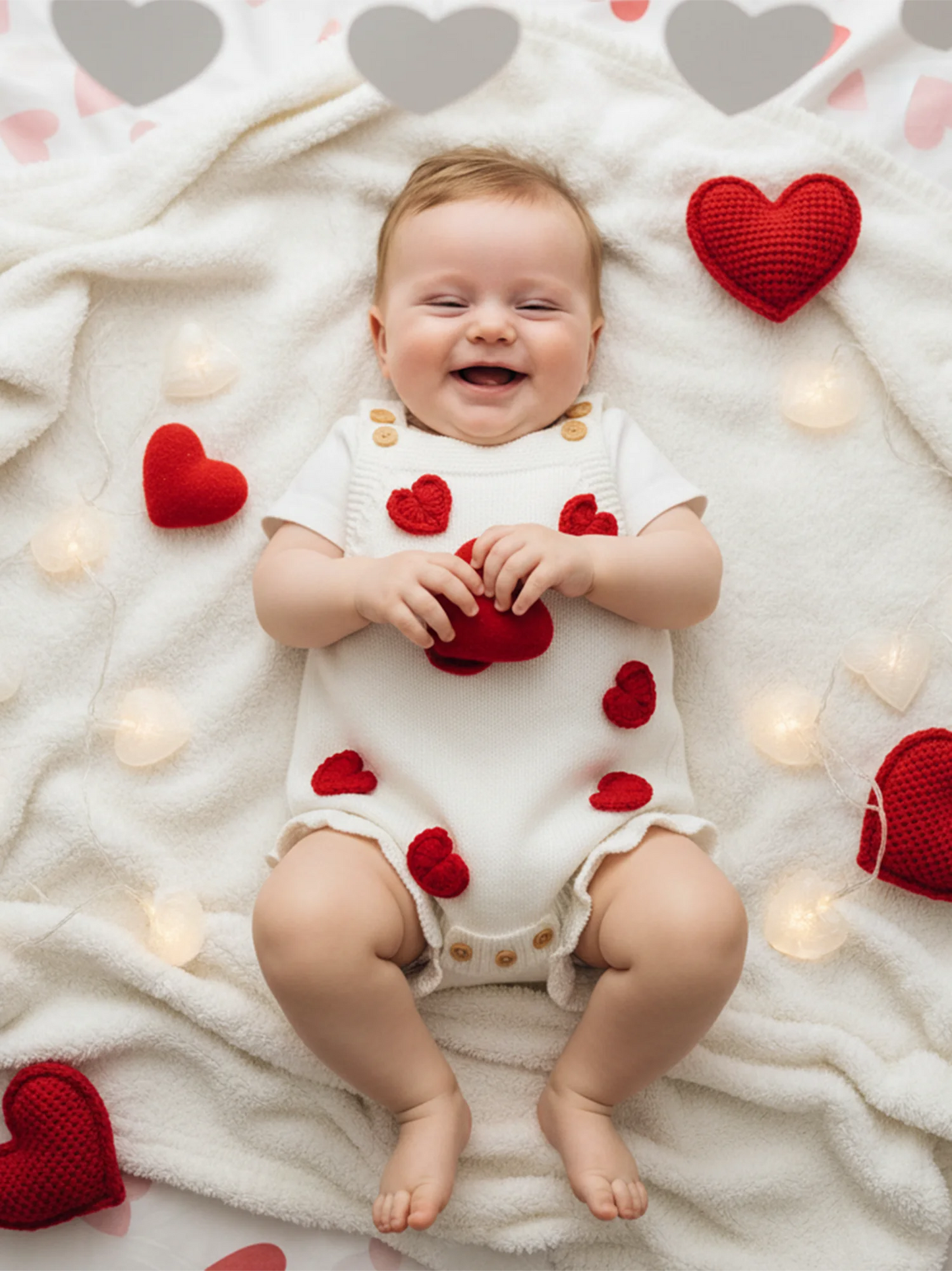 Baby Girl Valentine’s Day Romper Sleeveless Square Neck Heart Bodysuit Newborn Knit Overalls