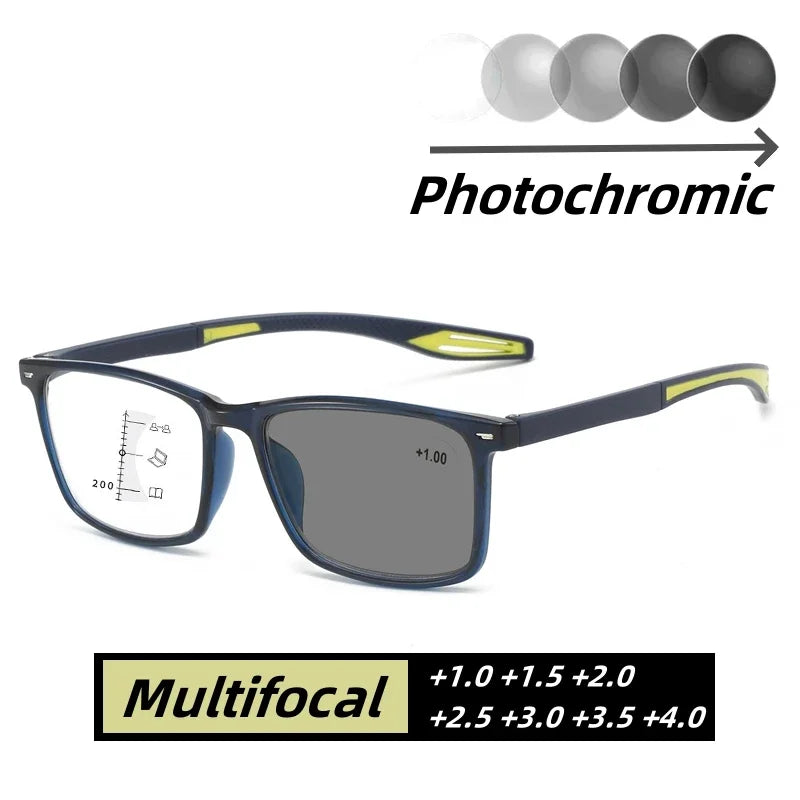 Color Changing Multifocal Presbyopia Glasses TR90 Sports Bifocal Near Far Sight Eyewear Finished Photochromic Reading Eyeglasses