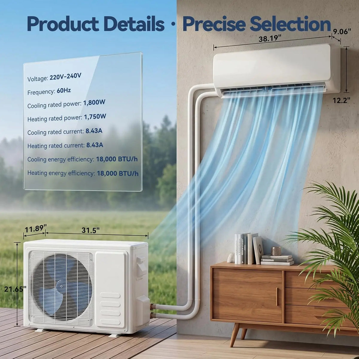 18,000 BTU Mini Split AC Heating System, 17 SEER2 230V Ductless Mini Split Air Conditioner with Heat Pump, Quiet 29dB &, Custom
