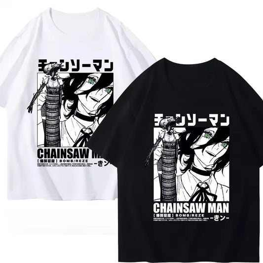 Cartoon Chainsaw Man Reze T Shirt Devil Reze Merchandise Short Sleeve Anime Japanese Style Black T-shirt Clothing