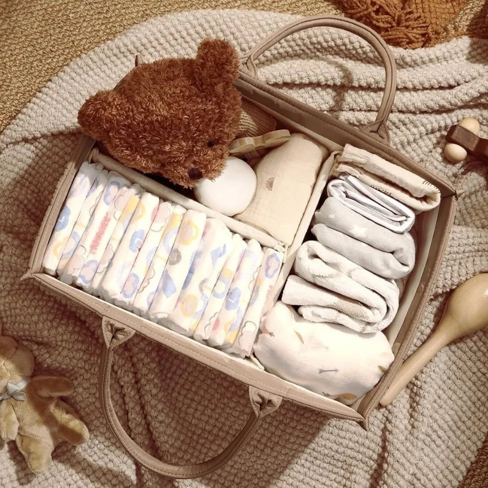 Large Capacity Baby Diaper Organizer Floral Beige Multi-Pocket Foldable Mommy Bag Multifunctional Portable Diaper Storage Bag
