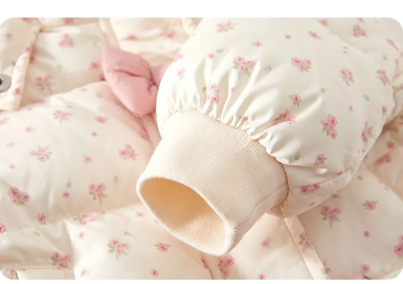 Winter 2024 Girls Plush New Fashion Sweet Floral Cotton Jacket Baby Cotton Hooded Autumn and Winter Bow Coat