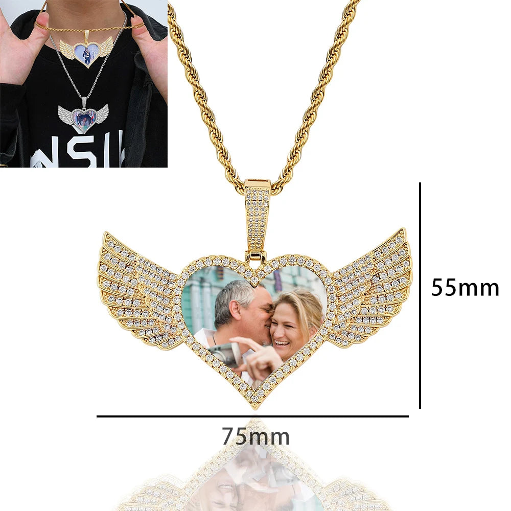 HHIOK Custom 18K Gold Plated Cubic Zircon Photo Pendant Medallions Wing Circle Pendant Necklace Personalized Wholesale