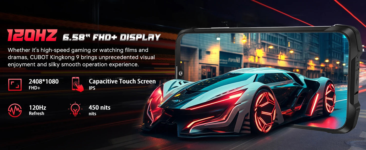 CUBOT KingKong 9,Android 14,24GB+512GB/1TB,10600mAh/33W,100MP+24MP Night Vision,6.58''FHD+1.35"Mini Screen,4G Dual SIM/NFC/IP68