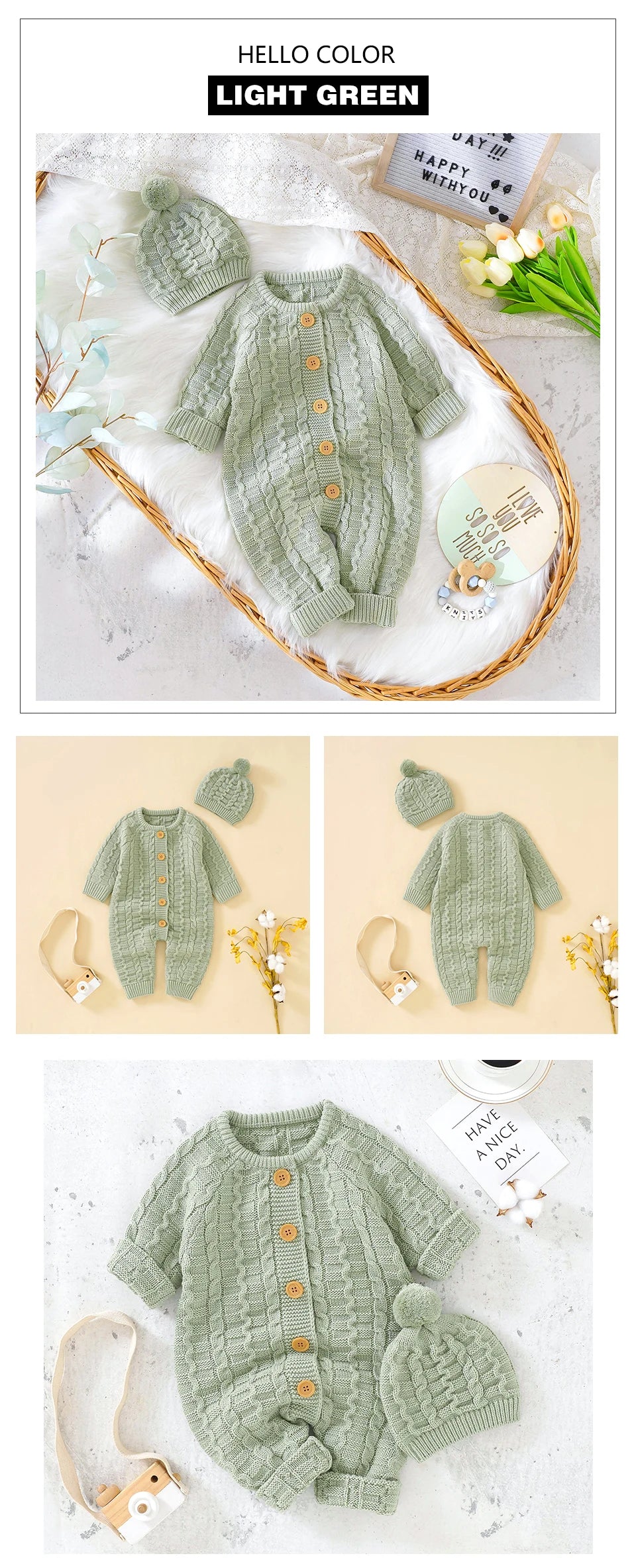 Winter Baby Rompers Clothes Solid Long Sleeve Knitted Newborn Boys Girls Jumpsuits Hats Outfits Sets 0-18m Autumn Infant Costume