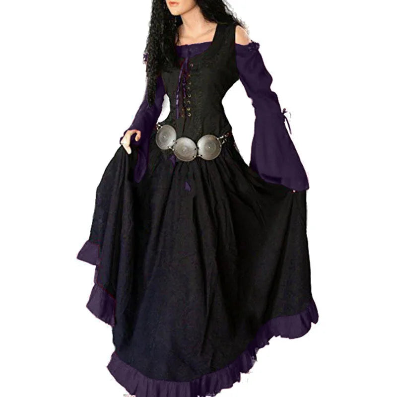 Halloween 2025 Women's Medieval Pirate Retro Slim Dress One-shoulder Large Flared Sleeves Long Skirt Stage Show Cosplay Costumes