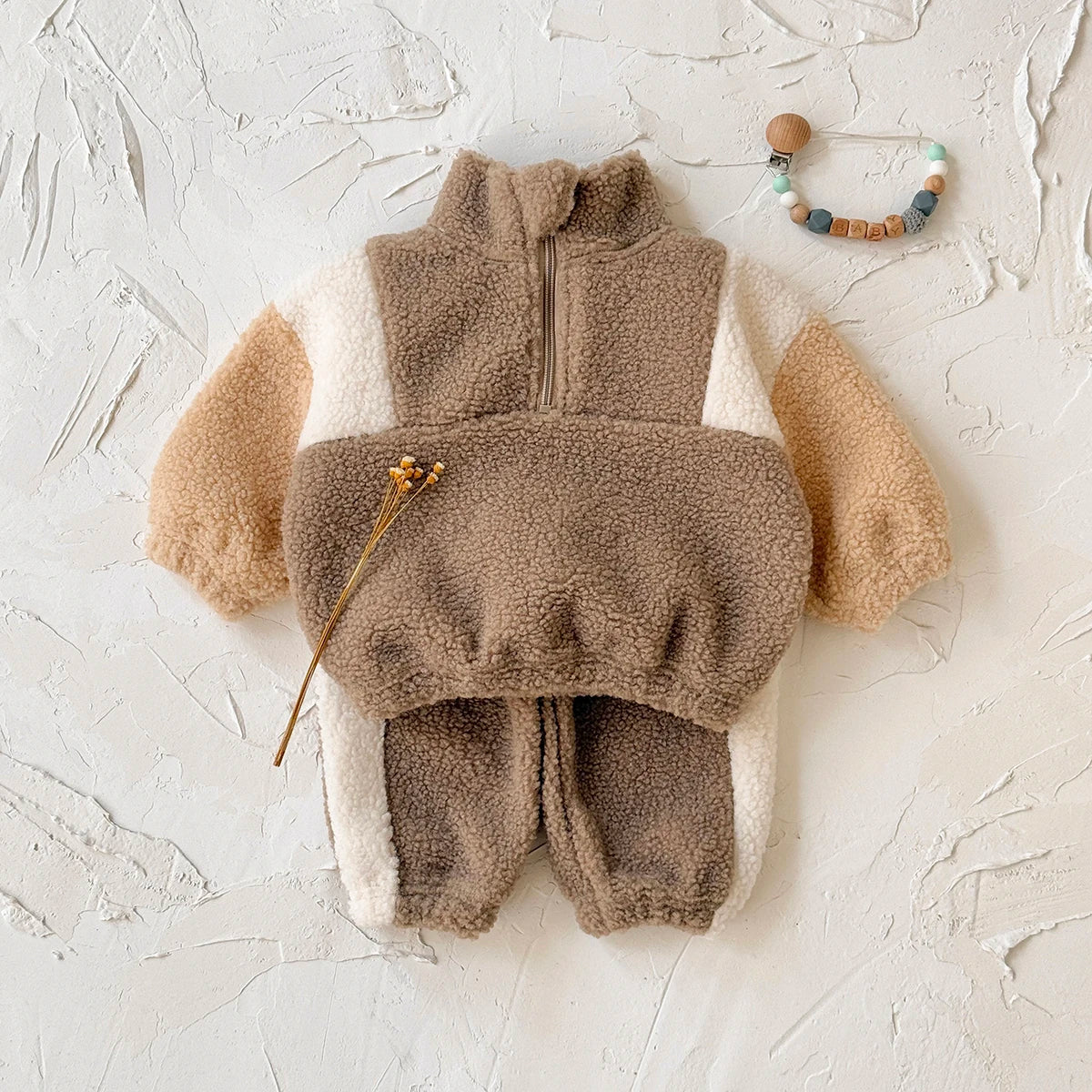 Fashion Toddler Baby Boys Girl Winter Clothes Sets Kids Lamb Velvet Zipper Pullover Pants 2Pcs Suits
