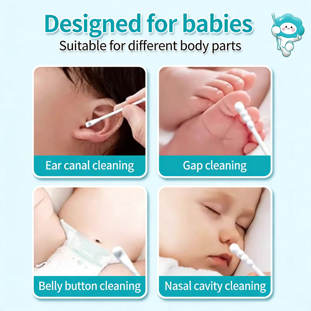 Sterile Baby Cotton Swabs Double-ended Spiral Head Multifunctional Soft Cleaning Sticks for Infant Ear Nose Cleaning Daily Care