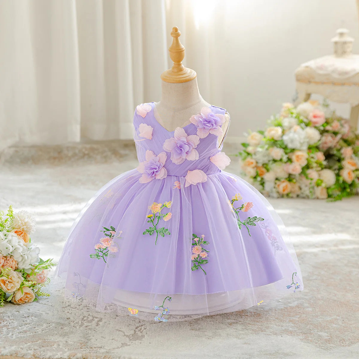 Summer Flower Party Baby Girls Dress Toddler Tulle 1st Birthday Princess Bridesmaid Wedding Dress Girl Baptism Evening Prom Gown