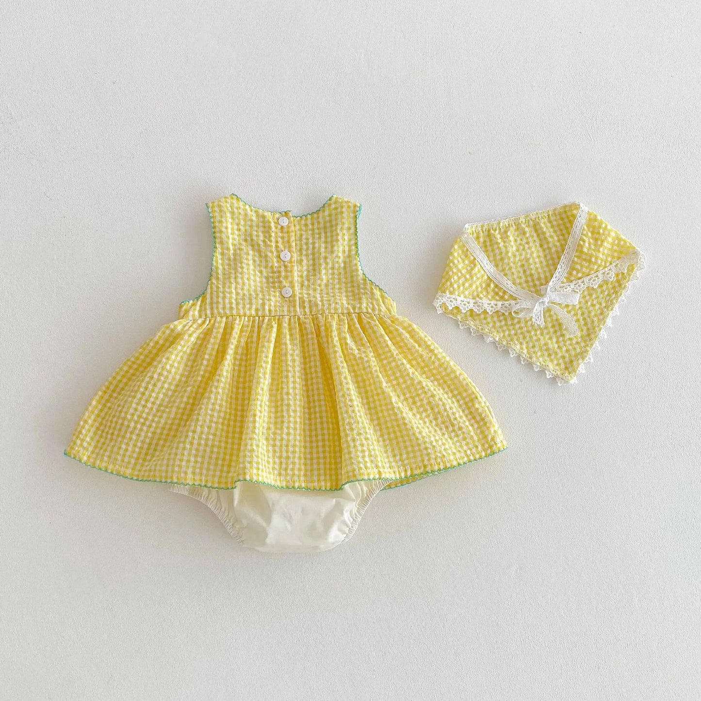 Baby Girl Summer Stylish Sweet Thin Class A Cotton Romper Dress - Cute Cartoon Duck Pattern Yellow Checkered Sleeveless Onesie