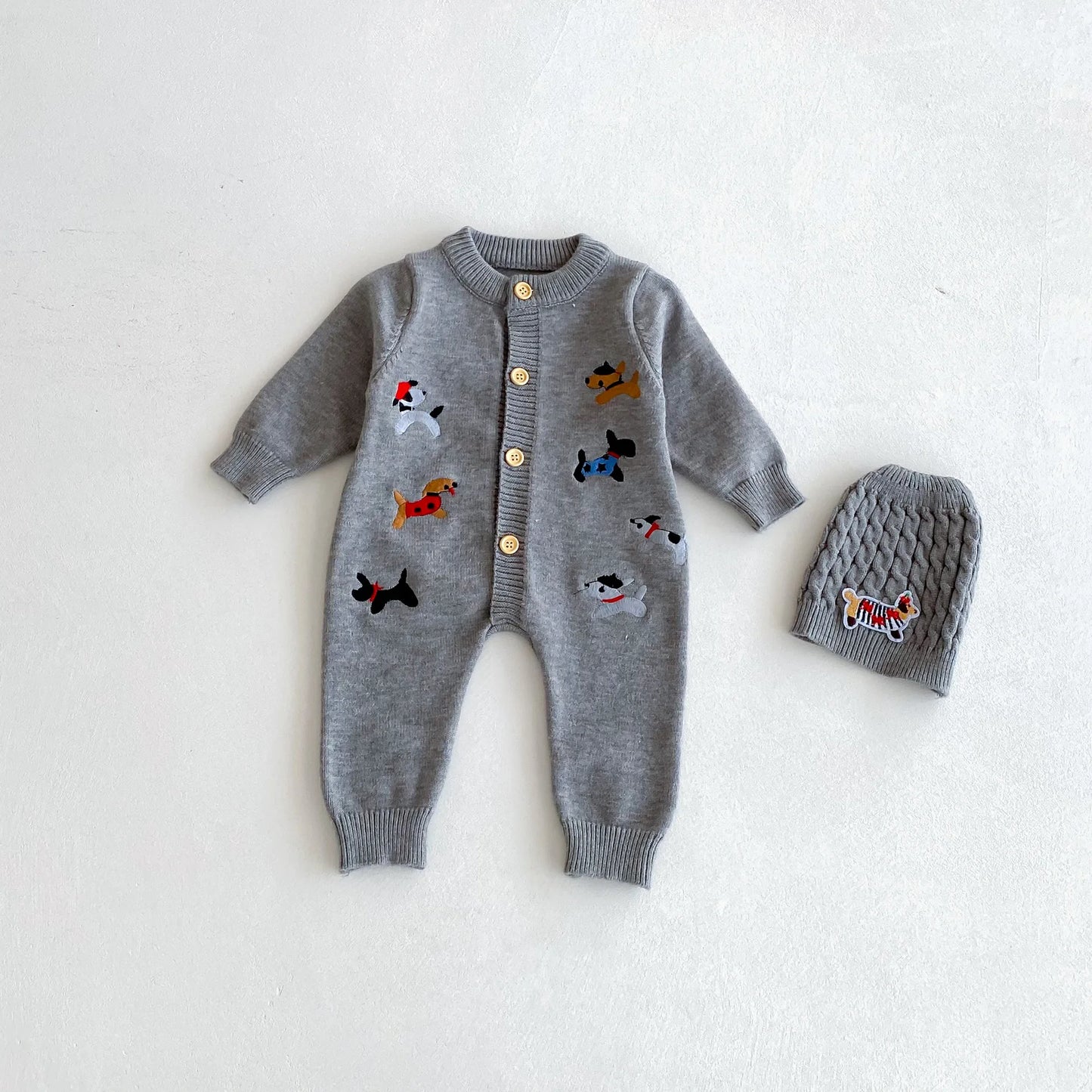 2Pcs Autumn and Winter Baby Clothes Cute Cartoon Dog Newborn Clothes Knitted Warm Boys and Girls Baby Jumpsuit+Hat Set