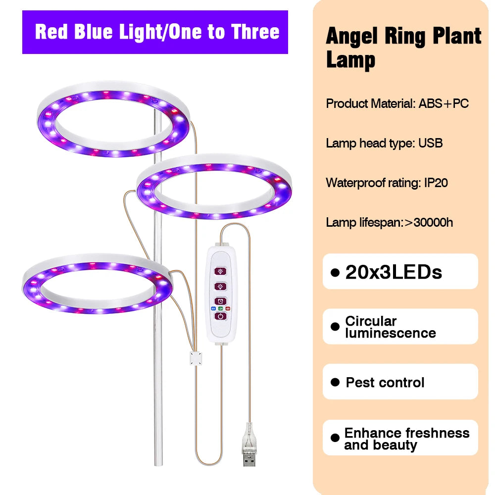 LED Grow Light Full Spectrum with UV IR Angel Ring Phytolamp DC5V USB for Indoor Grow Tent Planting