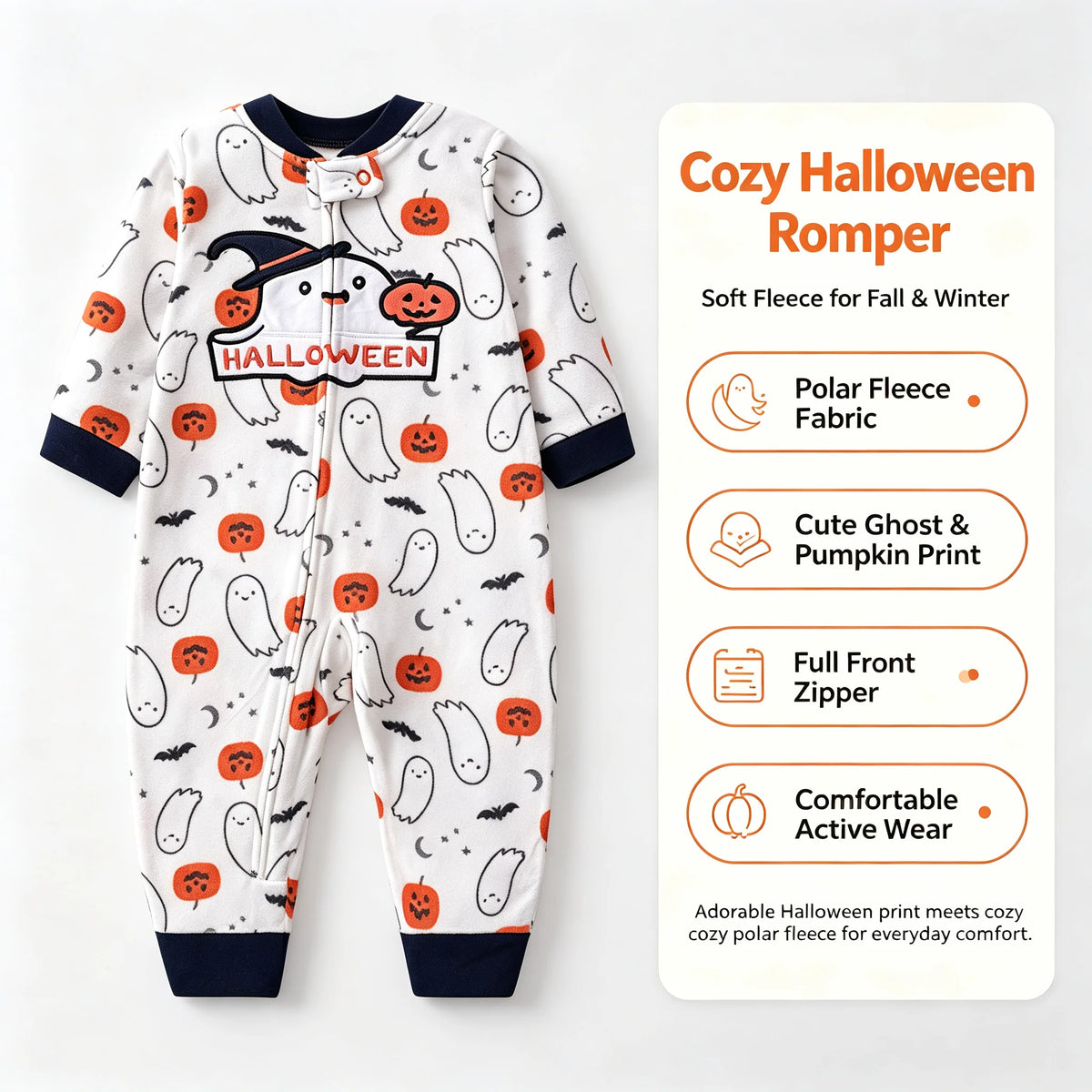 Halloween Baby Romper Polar Fleece Long Sleeve Full Zipper Infant Jumpsuit Ghost Pumpkin Print Footless Toddler Clothes 6-24M