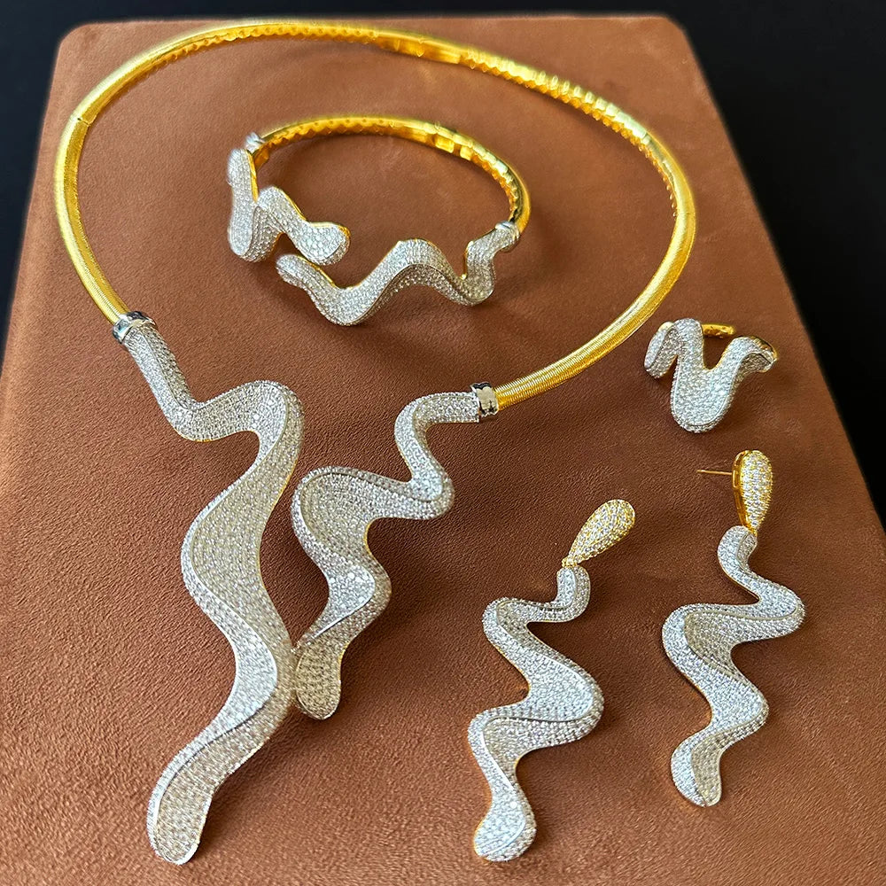 GODKI Luxury 4PCS Wave Design Nigeria Bangle Ring Necklace Earrings Sets For Women Wedding Zircon Dress Necklace Earring Sets