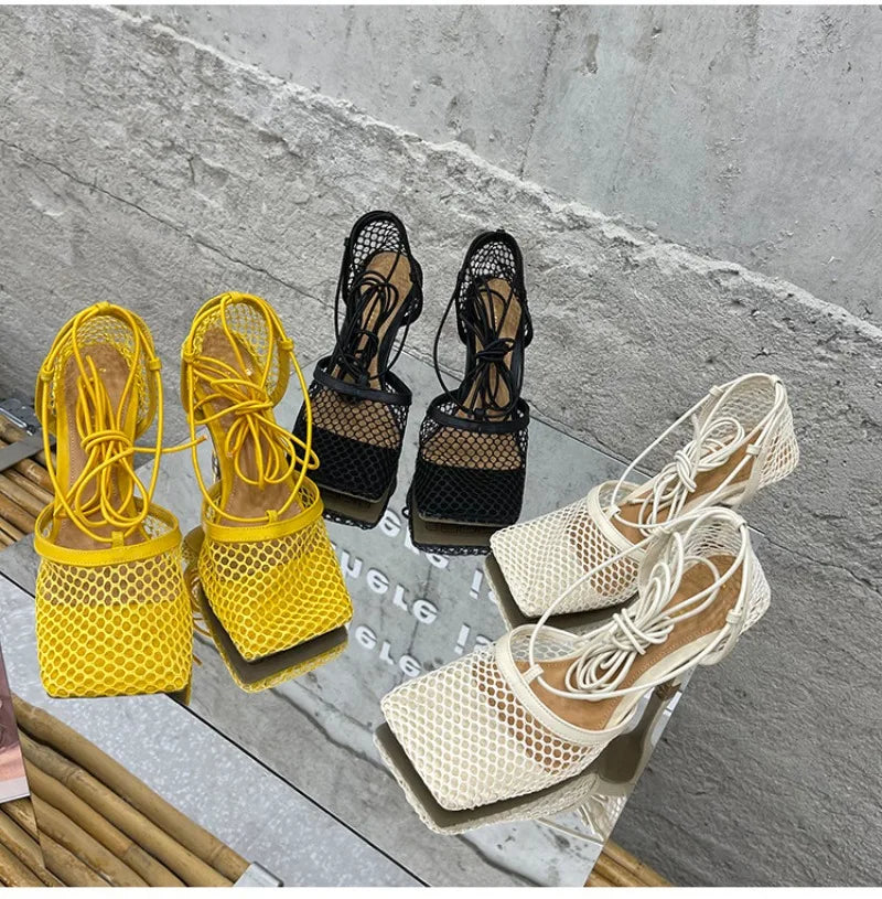 New Women's Shoes Fashion Air Mesh High Heeled Sandals for Woman Exquisite Square Head Casual Shoes Designer Shoes Zapatos Mujer