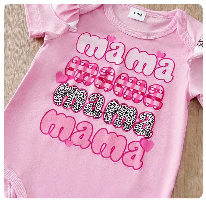 Mother's Day Themed Baby Short-Sleeved 3-Piece Set for Girls (0-18 Months), Pink Hearts and Bow Design