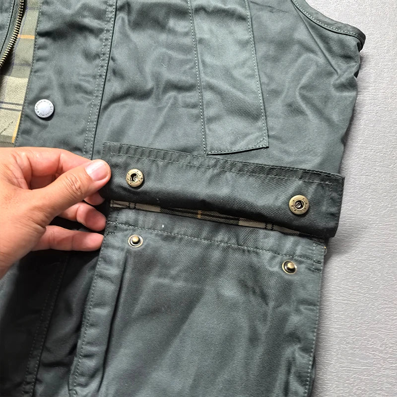 2026 Autumn Winter New American Retro Sleeveless Cargo Vest with Oil Wax Men's Multi-pockets Casual Heavyweight Waterproof Coat