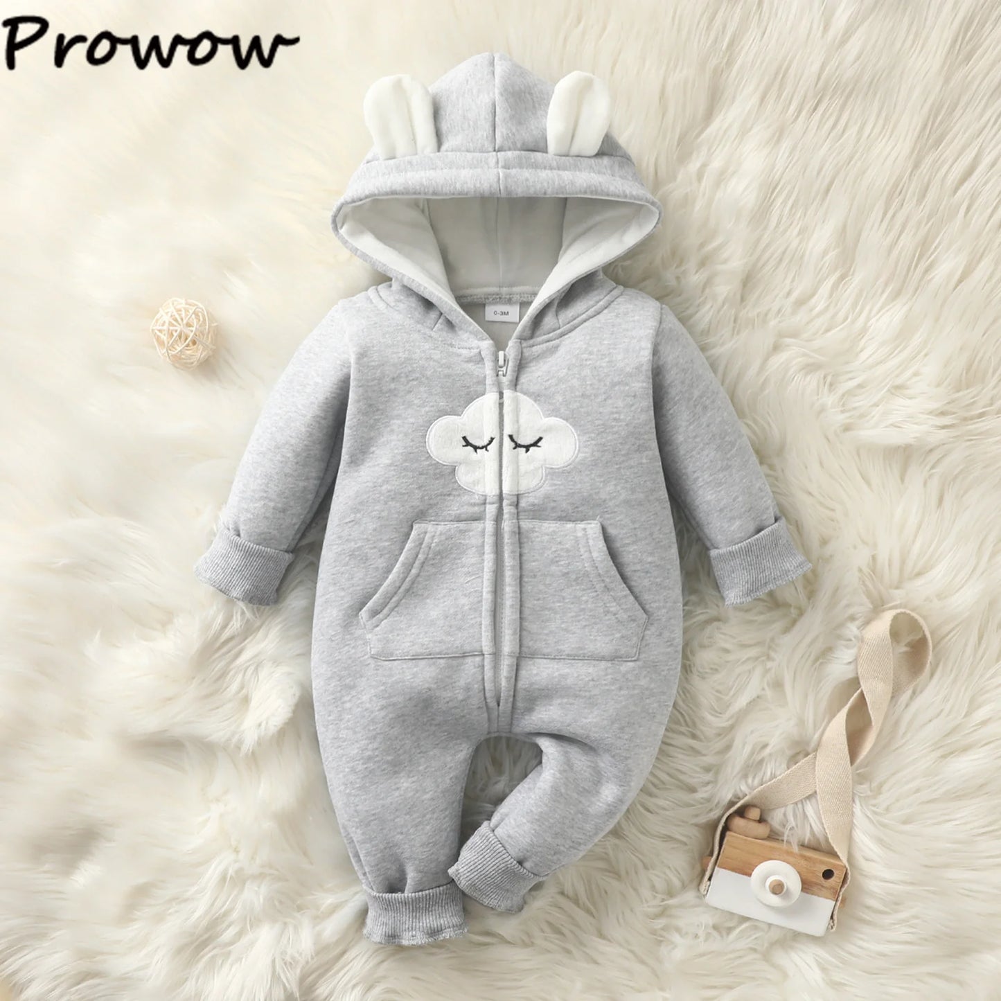 Prowow Cartoon Fox Baby Winter Clothes Romper Jumpsuit For Newborns Zipper Cute Ears Hooded Thicken Infant Overalls For Children